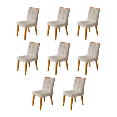Imagem de Kit 8 Cadeiras Jantar Luxo Agatá Estofadas Veludo Bege com Alça Madeira Maciça Mel