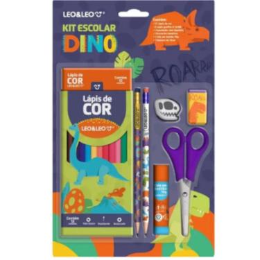 Imagem de Kit Material Escolar Infantil Lápis De Cor Leo & Leo Jardim 7 Peças Dinossauro