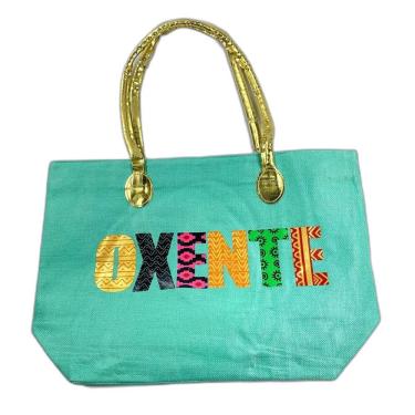 Imagem de Bolsa De Praia Palha Feminina Com Zíper De Ombro Oxente Sacola Ecobag Tote Juta Com Alça Dourada verdeagua