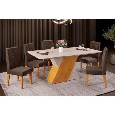 Imagem de Sala De Jantar Completa Rubi Tampo Madeirado C- Vidro Curvo 170x90cm E 6 Cadeiras Lia Cedro-off White-off White - Suede Moca - Dj Móveis