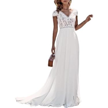 Imagem de Vestido De Noiva Elegante Feminino Vestido De Noiva De Manga Curta Com Trem Com Decote Em V Maxi Vestido De Dama De Honra, White, 24W