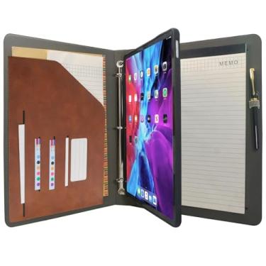 Imagem de Capa organizadora para tablet com fichário de 3 anéis, pasta de arquivo com suporte removível para tablet, compatível com iPad Pro de 12,9 polegadas 4ª/5ª/6ª (marrom)