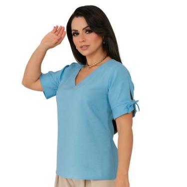 Imagem de Camisa Social Feminina Blusa Manga Curta Amarração Decote V Alfaiatari