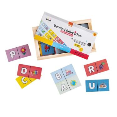 Imagem de BRW Domino Educativo Divisao Alfabetica Figuras e Letras Madeira 28 Pecas