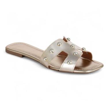 Imagem de Sandália Rasteira Feminina Rasteirinha Modelo H Leve Básica Preto Dour