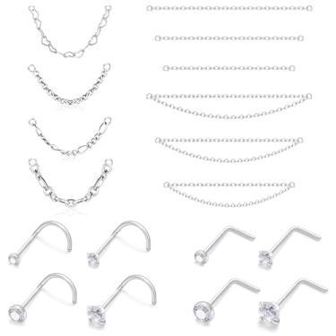 Imagem de Pnsgisr Anéis de nariz de 20/18 G, piercing de corrente para mulheres, homens, aço cirúrgico, duas correntes, saca-rolhas em forma de l, barra hipoalergênica, 20g=0.8mm, Metal, Zircônia cúbica