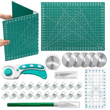 Imagem de Lasnten Conjunto de cortadores rotativos, tapete de corte dobrável de 61 x 91 cm, cortador de tecido de 45 mm, 5 lâminas rotativas, régua de acrílico, conjunto de facas de clipes de costura para