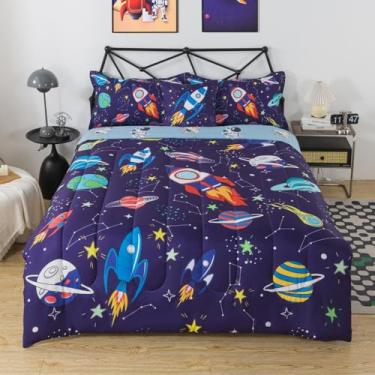 Imagem de lishjekee Jogo de cama infantil com estampa de planeta, espaço sideral, 6 peças, para meninos, meninas, adolescentes, galáxia, foguete e astronauta, para decoração de casa