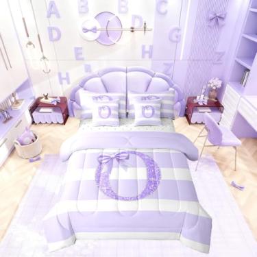Imagem de Erosebridal Conjunto de edredom infantil com estampa de monograma, letra O, com laço roxo, tamanho Queen, com inicial de 7 peças, para meninas, adolescentes, mulheres, moderno, estético, listrado