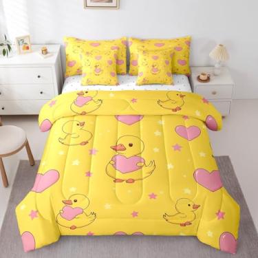 Imagem de Erosebridal Jogo de cama com estampa de pato amarelo e desenho animado de pato amarelo, 7 peças, amor, coração, estrelas, para crianças, meninas, mulheres, conjunto de lençol com edredom