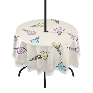 Imagem de Qilmy Toalha de mesa redonda à prova d'água Ice Cream Sprinkles de 152 cm com orifício para guarda-chuva e zíper – uso externo / interno resistente para pátio, churrascos, piqueniques, festas (serve