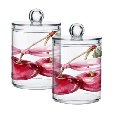 Imagem de Qilmy Pacote com 2 porta-pontas de cereja em aquarela, frascos de boticário de 400 ml, vasilha organizadora de banheiro para cotonetes, bolas de algodão, almofadas de maquiagem, fio dental, sais de