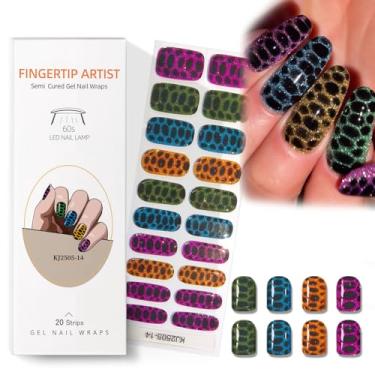 Imagem de RUOKEXIN Tiras de unhas de gel semicuradas de longa duração, resistentes a lascas, tiras de unhas de gel semicurado, tiras de unhas UV com desenhos de estampa de leopardo com glitter, géis de outono