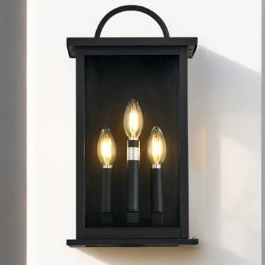 Imagem de Luminária de parede externa, 3 lâmpadas em moldura de metal retangular preta e sombra de vidro transparente, arandela externa à prova d'água para porta da frente, varanda, garagem, lâmpadas não