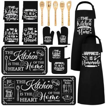 Imagem de Bencailor 17 conjuntos de cozinha preto e branco, tapete e tapete de cozinha laváveis e antiderrapantes, luvas pretas e suportes de panela, avental de tema clássico, toalhas de prato, colheres de