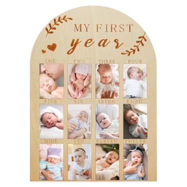 Imagem de Apeso Quadro de madeira para exibição de fotos My First Year – Moldura de 12 meses para o primeiro aniversário do bebê – Presente de decoração de berçário para meninos e meninas (moldura de porta)