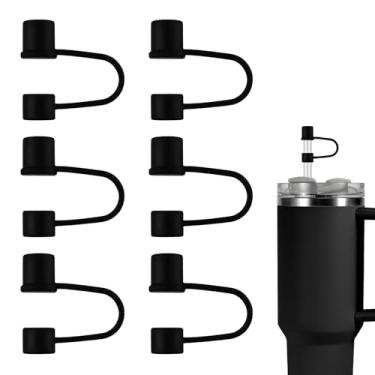 Imagem de 6 capas de silicone com canudo para copo Stanley de 10 mm, pontas à prova de vazamento, tampa reutilizável para copos Stanley (preta)