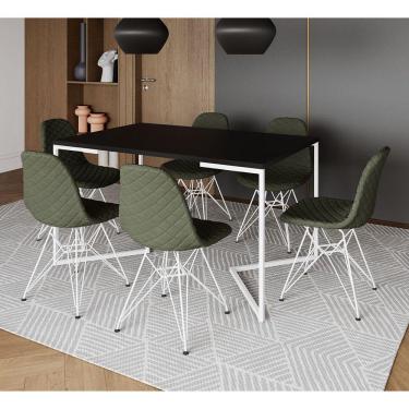 Imagem de Mesa Jantar Industrial Preta Base V 137x90cm C/ 6 Cadeiras Estofadas Verdes Eiffel Aço Branco 