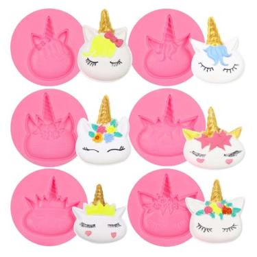 Imagem de Muyulin Moldes de silicone para chocolate, 6 pacotes de moldes de fondant de unicórnio com flores para decoração de bolo de aniversário de bebê, topos de cupcake, artesanato de açúcar, resina de