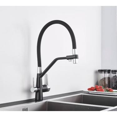 Imagem de Torneira da pia da cozinha torneira misturadora de filtro de água pura guindaste alças duplas purificação cozinha e torneira fria, preto e cromo