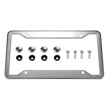 Imagem de X AUTOHAUX Moldura de placa de carro de metal de aço inoxidável frontal traseira para carro suporte de polimento espelhado à prova de ferrugem com parafusos e almofadas antichocalho prateado