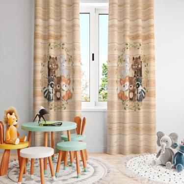Imagem de Cortina Tecido Oxford Quarto Infantil Fundo Madeira Animais Aquarela -