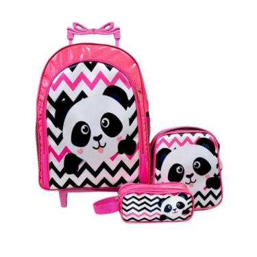 Imagem de Mochila Urso Panda Rodinhas Brilho Lancheira Estojo Kit - crush