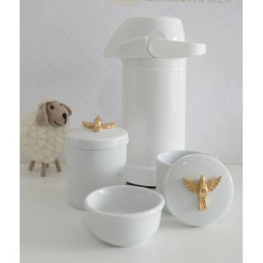 Imagem de kit Higiene Bebê Potes K022 Cotonete  Dourado Algodão Limpeza Porcelan