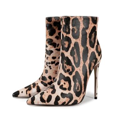 Imagem de Rock88 Salto agulha feminino médio alto, bico fino, zíper lateral, botas de couro de camurça leopardo macias e confortáveis para um ano inteiro, marrom, 42