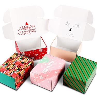 Imagem de TONESPAC Pacote com 25 caixas de presente de Natal de 20,3 x 15,2 x 10,1 cm com tampa, caixas de envio de papelão ondulado recicláveis para pequenas empresas, para embalagem de presente, caixa especialmente projetada. (20,32 x 15,24 x 10,16 cm, 25 peças padrão de Natal misto)