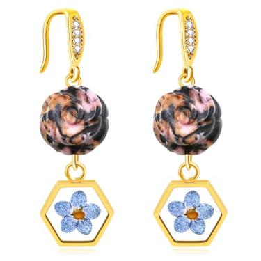 Imagem de JunyiDIY Brincos pendentes banhados a ouro 18K com zircônia cúbica e flor de pedra natural | Design hexagonal elegante com centro floral e semente de mostarda YA5050, One size, Latão, Zircônia