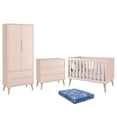 Imagem de Dormitório Infantil Theo Retrô 2 Portas, Cômoda, Berço com Pés Madeira Natural e Colchão - Reller Móveis Rosa Fosco