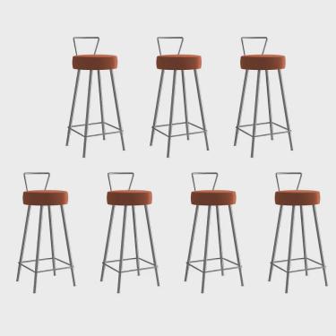 Imagem de Kit 07 Banqueta Alta Com Encosto Tais Eiffel Cozinha Bar Bistrô Ferro Cinza Corino Laranja - Ahz Móveis