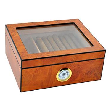 Imagem de DUCIHBA Caixa de umidificador de charuto, comporta 25-50 charutos, visor superior de vidro temperado, caixa de charutos de mesa de madeira de cedro espanhol feita à mão com divisória, umidificador,