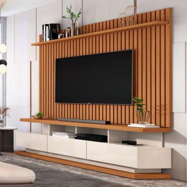 Imagem de Rack com Painel para TV Até 72 Polegadas Stallone 3 Gavetas Ripado Off White/Natural - Pnr Móveis
