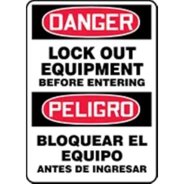 Imagem de Bloqueie o equipamento antes de entrar OSHA Danger Placa bilíngue espanhol/inglês, etiqueta adesiva de vinil 35,5 x 25,4 cm, feita nos EUA - AccuformNMC, SBMLKT015VS