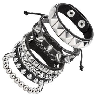 Imagem de JOLYEAK 4 pulseiras de couro punk com rebites, pulseiras cravejadas de couro punk rock, pulseira emo dos anos 80, conjunto de pulseiras góticas com pontas para homens e mulheres