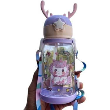 Imagem de Garrafa Infantil com Alça e Canudo Retrátil Estampa de Alce Colorido Ideal para Escola e Passeios (Lilás)