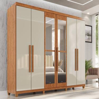 Imagem de Guarda-roupa Casal com Espelho 6 Portas 2 Gavetas com Pés 100% Mdf Nápoles Yescasa Cinamomo / Off White