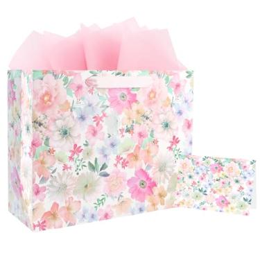 Imagem de ASYEH NR Bolsa de presente floral tamanho grande de 33 cm com estampa floral vintage com cartão de felicitações, papel de seda para meninas, mulheres, aniversário, dia das mães, dia dos namorados