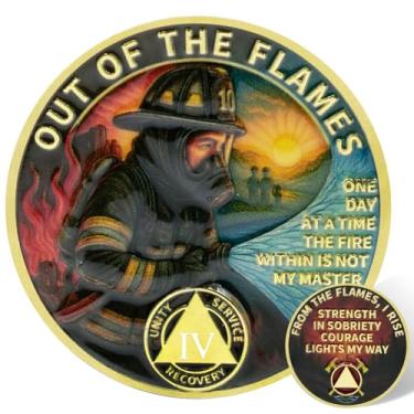 Imagem de Leafence Moeda de sobriedade AA bombeiro Out of the Flames Recovery Token Alcoólicos Anônimos Moedas AA e medalhões One Day at a Time Sobriety Chip Sober Coin (Moeda de Sobriedade de Bombeiro, 4 anos)