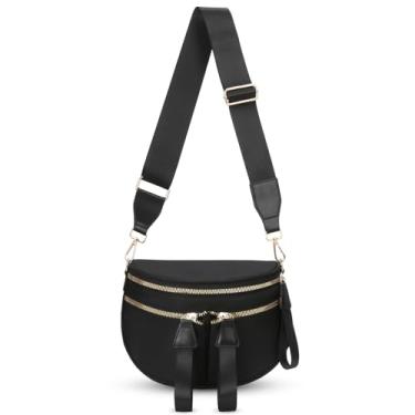 Imagem de Lushandy Bolsa tiracolo feminina de nylon quadriculada grande bolsa de cinto bolsa de fraldas para mãe bolsa transversal quadriculada para viagens, Preto liso, Bolsa tiracolo feminina