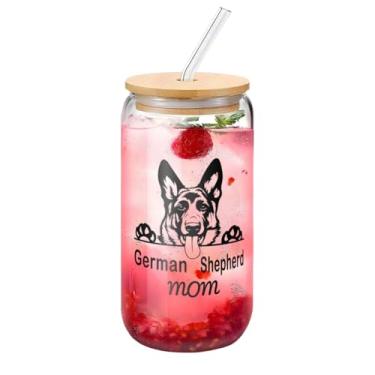 Imagem de Fenmshairy Copo de vidro para mãe pastor alemão 473 ml com tampa de bambu e canudos, copo de vidro de cerveja de café gelado, presente de aniversário de Natal para mãe, avó, esposa, amante de cães