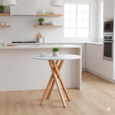 Imagem de Mesa Redonda de Madeira de 80cm cor Branca Pés em Madeira Maciça - AMo