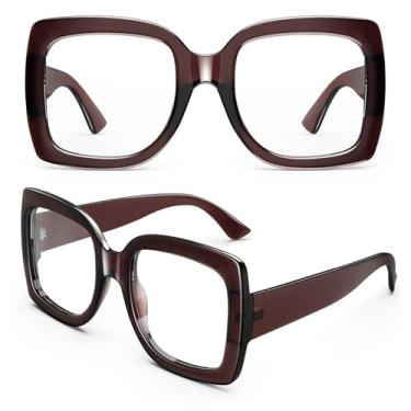 Imagem de GQUEEN Óculos postiços grandes femininos masculinos retrô grosso armação quadrada grande lente transparente proteção UV400 óculos modernos, Marrom, Large