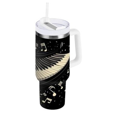 Imagem de Blueangle Copo isolado de 850 g com alça e tampa de canudo - Caneca de viagem de aço inoxidável à prova de vazamento, garrafa de água com padrão de teclas de piano a vácuo de parede dupla (510)