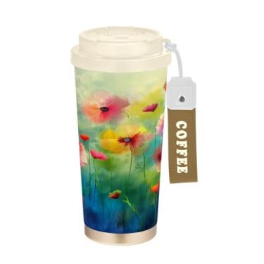 Imagem de Blueangle Caneca de café de viagem isolada com pintura de flores coloridas - copo de aço inoxidável à prova de vazamento e derramamento para acampamento e ar livre, garrafa de água reutilizável de 50