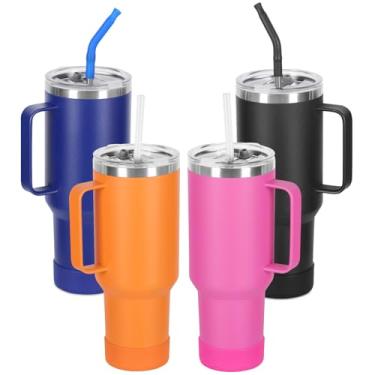 Imagem de Temolulu Pacote com 4 copos de 1,134 g com alça e canudo, copo isolado a vácuo de parede dupla de aço inoxidável, caneca de café de viagem de 1,134 g a granel com bota de garrafa de água de silicone