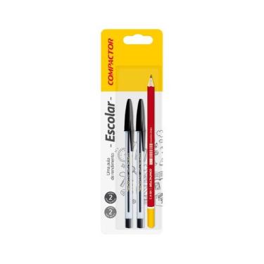 Imagem de Kit Caneta Esferográfica Compactor 0.7mm Preta 2 Unidades e 1 Lápis Pr