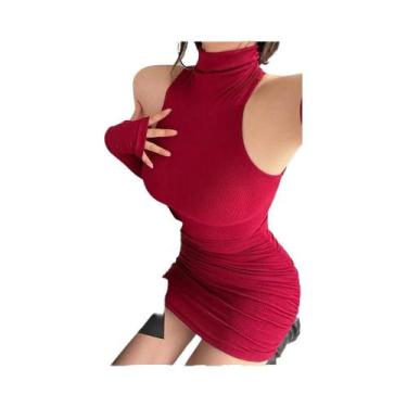 Imagem de Vestido Mini Preto Feminino Sem Mangas Plissado Com Gola Alta E Amarra